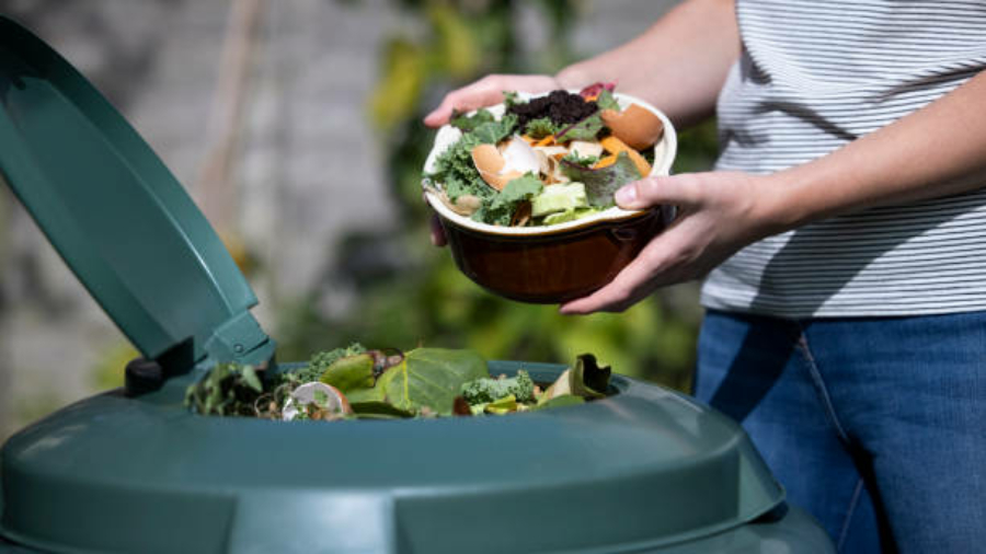 Close Up Of Woman Emptying Food Waste Into Garden Composter At Home