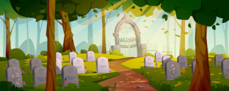 Summer day at national cemetery with USA flags near graves. Vector cartoon illustration of military memorial graveyard with marble tombs on green lawn under tall trees, stone gate and old fence