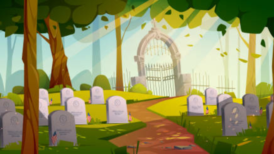 Summer day at national cemetery with USA flags near graves. Vector cartoon illustration of military memorial graveyard with marble tombs on green lawn under tall trees, stone gate and old fence