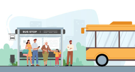 Public Transportation Service Concept. People on Bus Station Waiting Commuter Transport at City Landscape. Passengers Characters Men, Women, Seniors and Kid on Bus Stop. Cartoon Vector Illustration