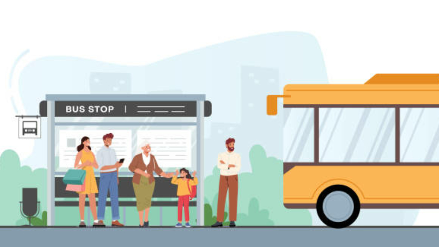 Public Transportation Service Concept. People on Bus Station Waiting Commuter Transport at City Landscape. Passengers Characters Men, Women, Seniors and Kid on Bus Stop. Cartoon Vector Illustration